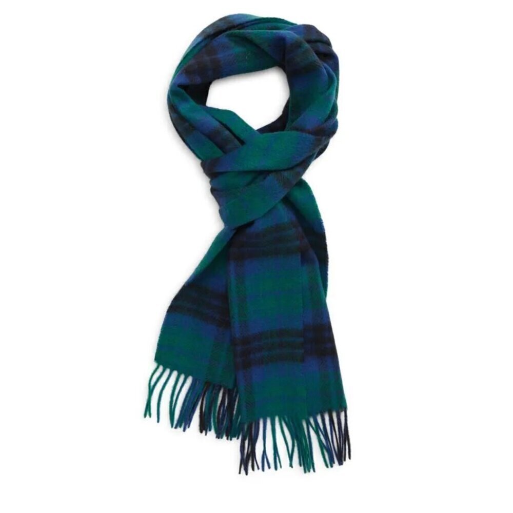 Nordstrom Mens Cashmere Plaid Fringe Scarf Navy Green NWT